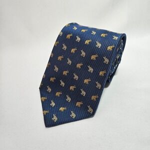Jim Thompson Mens Silk Tie‎ Navy Blue Gold Silver Elephant Pattern 3.75"x60"